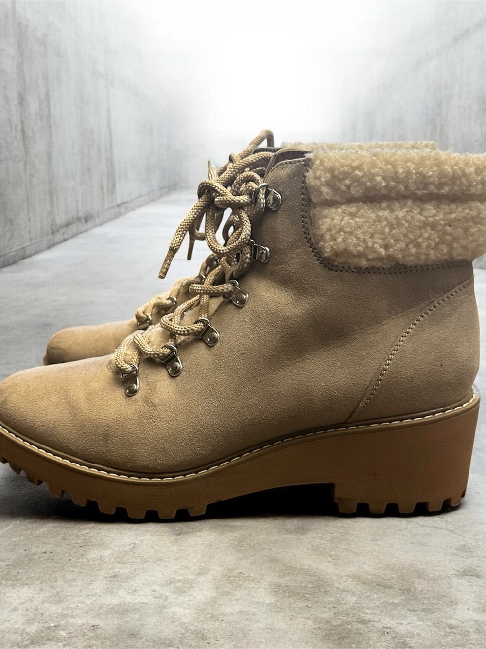 Universal Thread Tan Lace-Up Wedge Boot with Sherpa Collar
